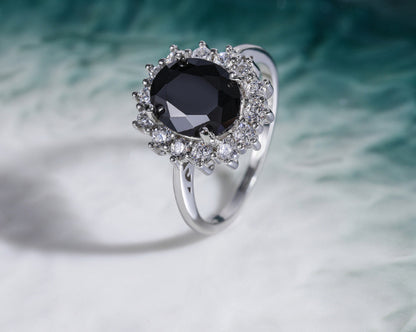 Luxury Black Gemstone Halo Ring Sterling Silver